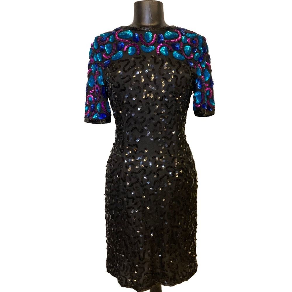 Laurence Kazar Vintage Elegant Black and Blue Sequin Dress Vintage 80s